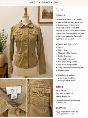 Ann Taylor LOFT Khaki Utility Jacket Size 2 Cotton Safari Military Style EUC